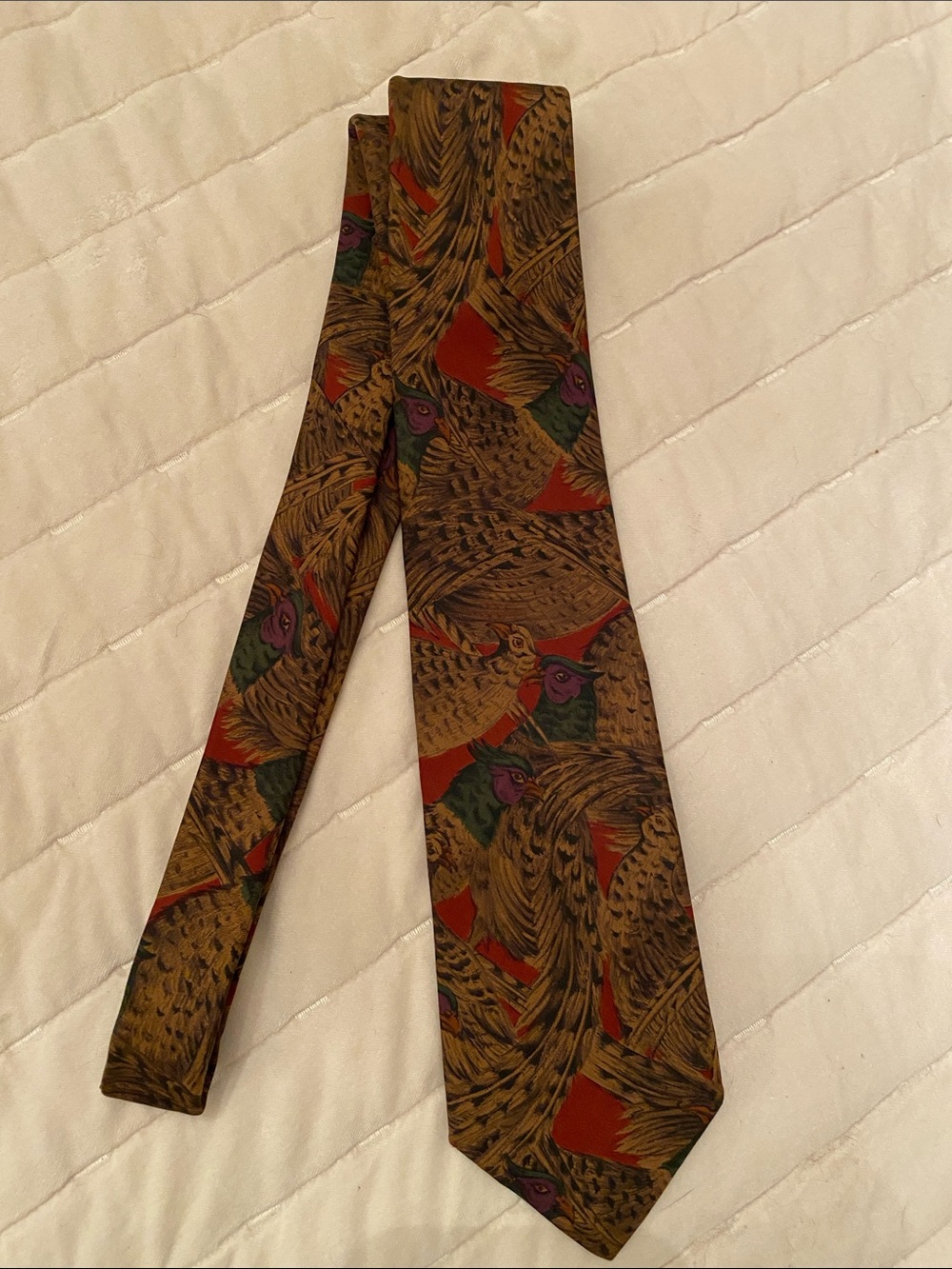 Vintage Land’s End 100% Silk Hand-Printed Pheasant Necktie